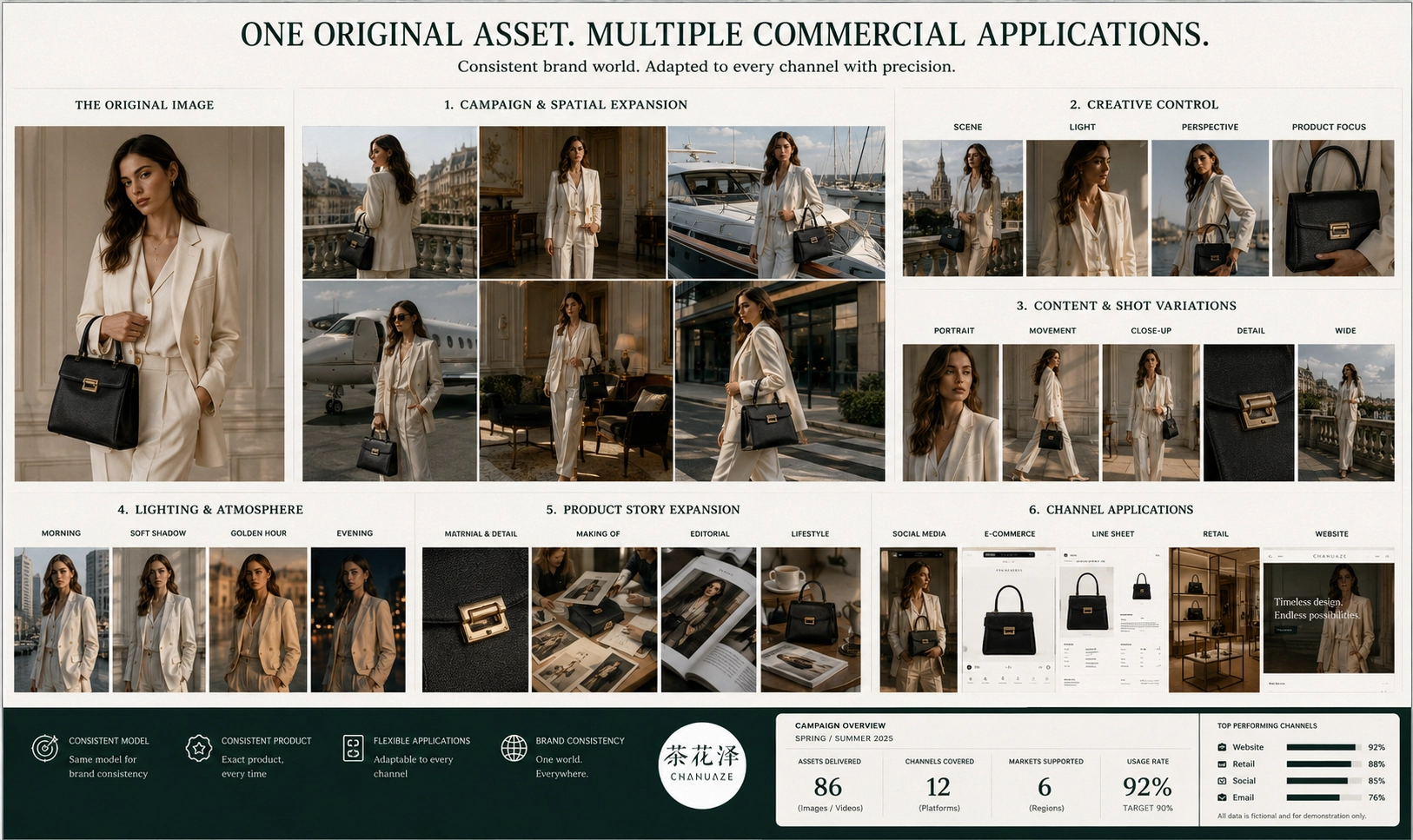 One luxury fashion image extended into multiple controlled commercial applications across scenes, product stories, light worlds and seasonal campaigns