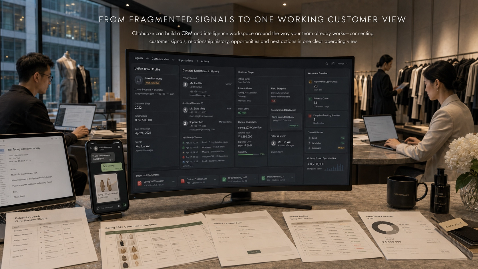 A realistic luxury fashion workspace showing scattered operational inputs connected into a Chahuaze CRM and decision workspace with clear outputs